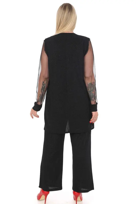Plus Size 3 Piece Pants Blouse Jacket Sequin Fabric Set Black GLS532 - 3