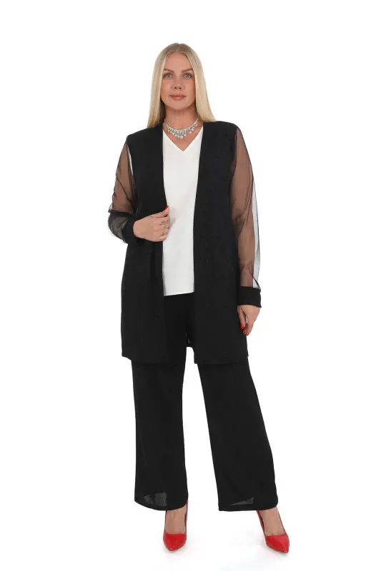 Plus Size 3 Piece Pants Blouse Jacket Sequin Fabric Set Black GLS532 - 5