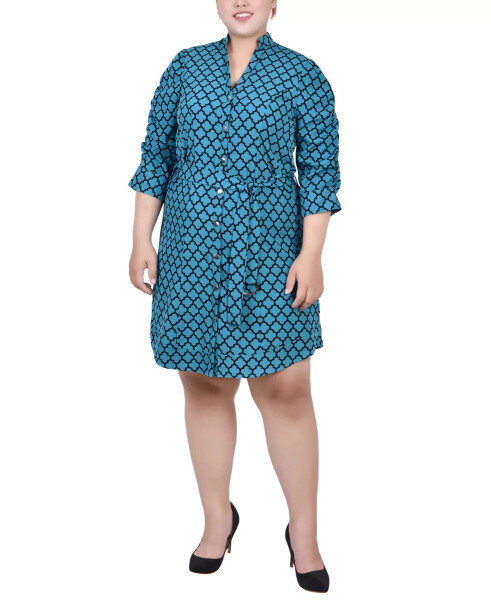 Plus Size 3/4 Rouched Sleeve Dress with Belt Harbor Blue Black Quatrefoil - 1