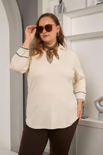 Plus Size Arm Embroidery Detail Knitted Blouse Ecru - 3