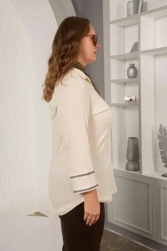 Plus Size Arm Embroidery Detail Knitted Blouse Ecru - 7