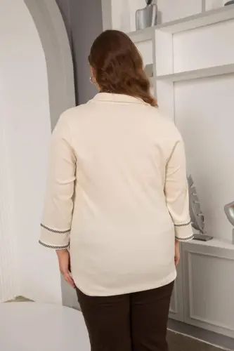 Plus Size Arm Embroidery Detail Knitted Blouse Ecru - 8