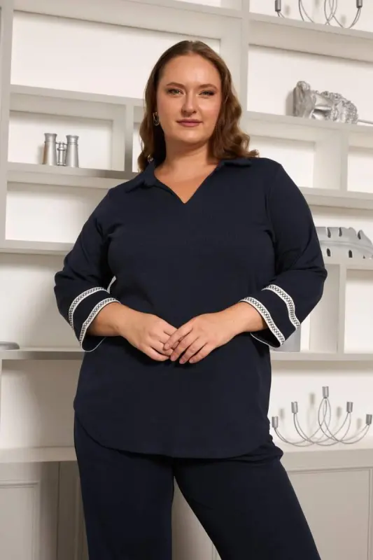 Plus Size Arm Embroidery Detailed Knitted Blouse Navy Blue - BÜYÜKBEDENIZ