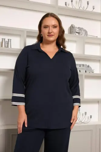 Plus Size Arm Embroidery Detailed Knitted Blouse Navy Blue - BÜYÜKBEDENIZ (1)