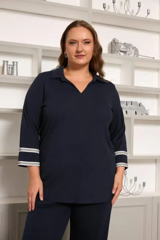 Plus Size Arm Embroidery Detailed Knitted Blouse Navy Blue - 2