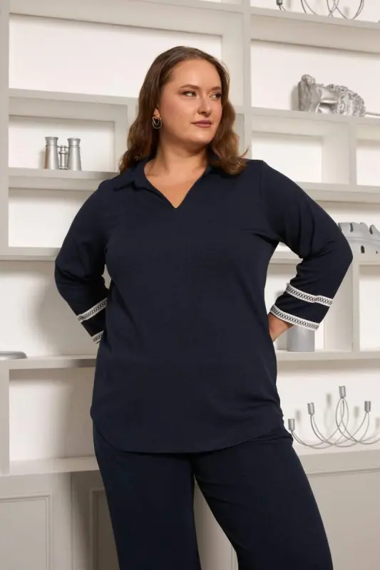 Plus Size Arm Embroidery Detailed Knitted Blouse Navy Blue - 3