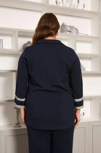 Plus Size Arm Embroidery Detailed Knitted Blouse Navy Blue - 5