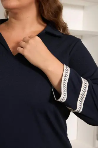 Plus Size Arm Embroidery Detailed Knitted Blouse Navy Blue - 6