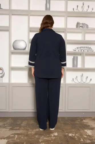 Plus Size Arm Embroidery Detailed Knitted Blouse Navy Blue - 8