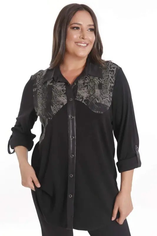 Plus Size Asymmetric Cut Knitted Khaki Shirt - 5