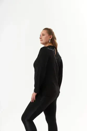 Plus Size Back Mesh Sequin Sweater Black - BÜYÜKBEDENIZ (1)