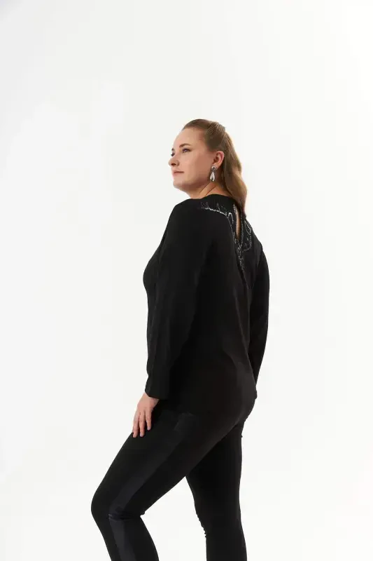 Plus Size Back Mesh Sequin Sweater Black - 2