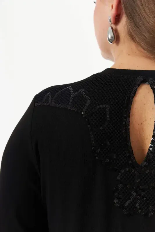 Plus Size Back Mesh Sequin Sweater Black - 5