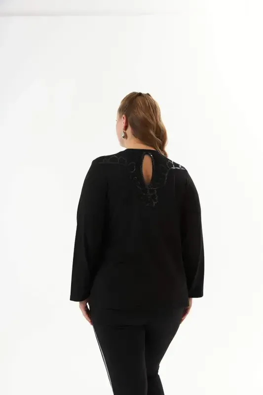 Plus Size Back Mesh Sequin Sweater Black - 6