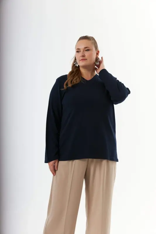 Plus Size Back Mesh Sequin Sweater Navy Blue - BÜYÜKBEDENIZ