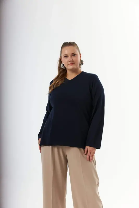 Plus Size Back Mesh Sequin Sweater Navy Blue - 2
