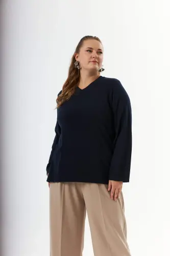 Plus Size Back Mesh Sequin Sweater Navy Blue - 3