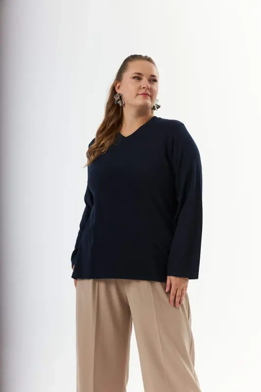 Plus Size Back Mesh Sequin Sweater Navy Blue - 3