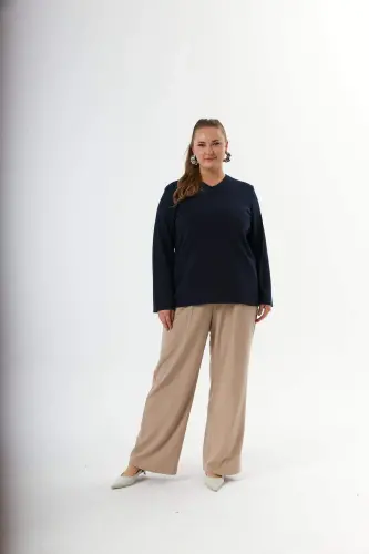 Plus Size Back Mesh Sequin Sweater Navy Blue - 4