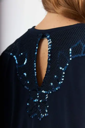 Plus Size Back Mesh Sequin Sweater Navy Blue - 5