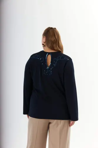 Plus Size Back Mesh Sequin Sweater Navy Blue - 6