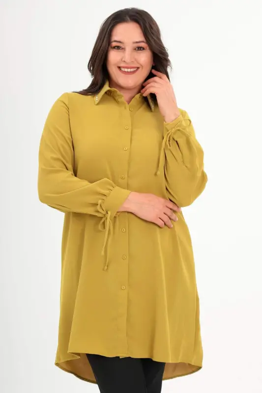 Plus Size Baguette Stone Neckline Olive Green Tunic - 1