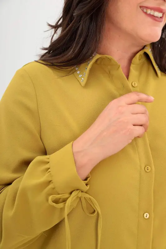 Plus Size Baguette Stone Neckline Olive Green Tunic - 6