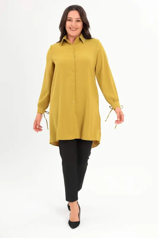 Plus Size Baguette Stone Neckline Olive Green Tunic - 2