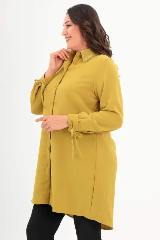 Plus Size Baguette Stone Neckline Olive Green Tunic - 3