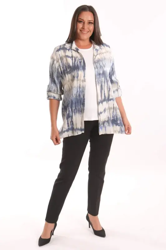 Plus Size Batik Patterned Glittery Shirt Blouse Navy Blue Set - 2