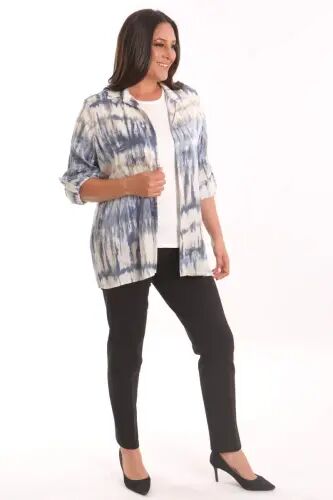 Plus Size Batik Patterned Shimmer Shirt Blouse Navy Blue Suit - 5