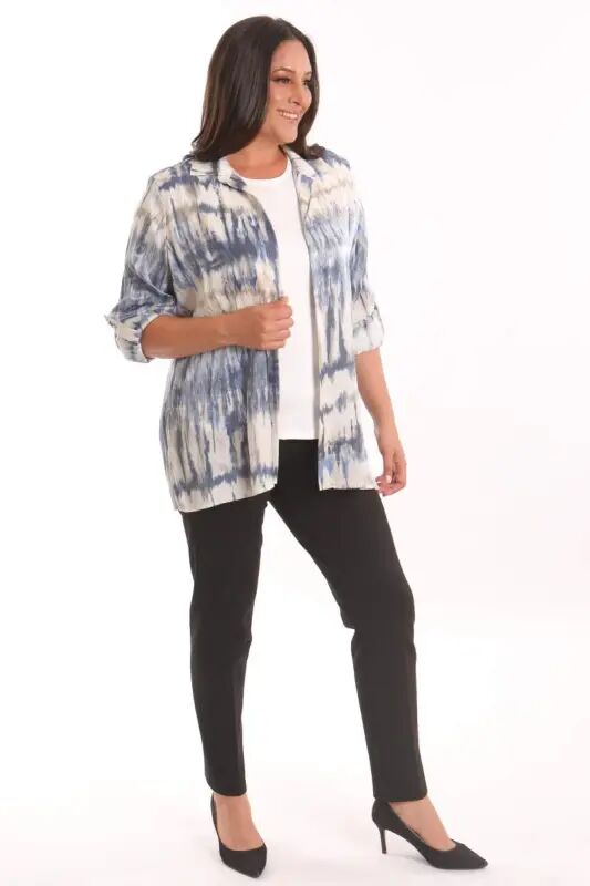 Plus Size Batik Patterned Shimmer Shirt Blouse Navy Blue Suit - 5