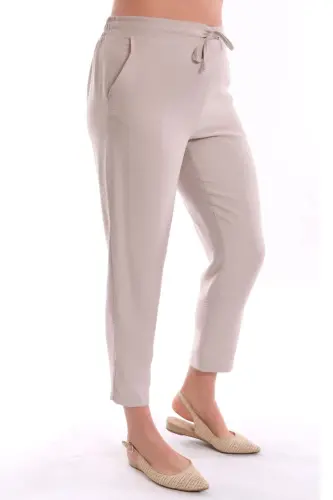 Plus Size Beige Elastic Waist Trousers - 1