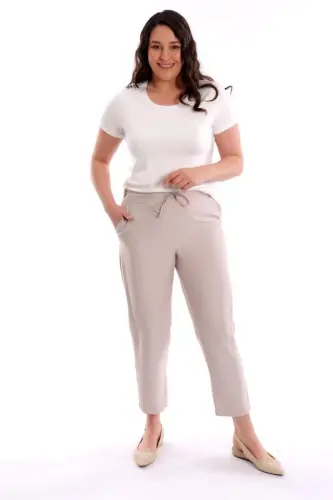 Plus Size Beige Elastic Waist Trousers - 4