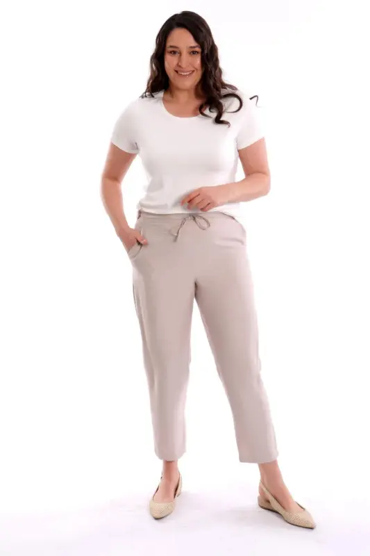 Plus Size Beige Elastic Waist Trousers - 4