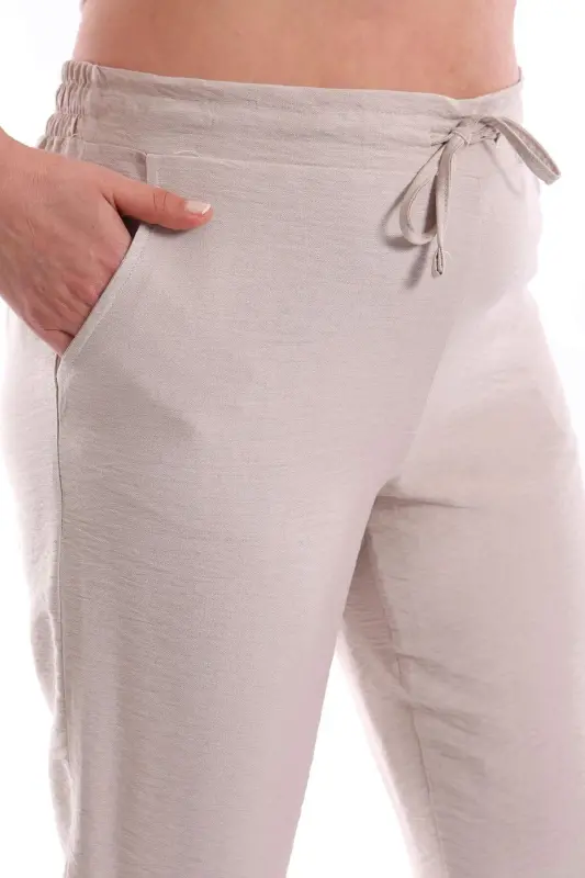 Plus Size Beige Elastic Waist Trousers - 4