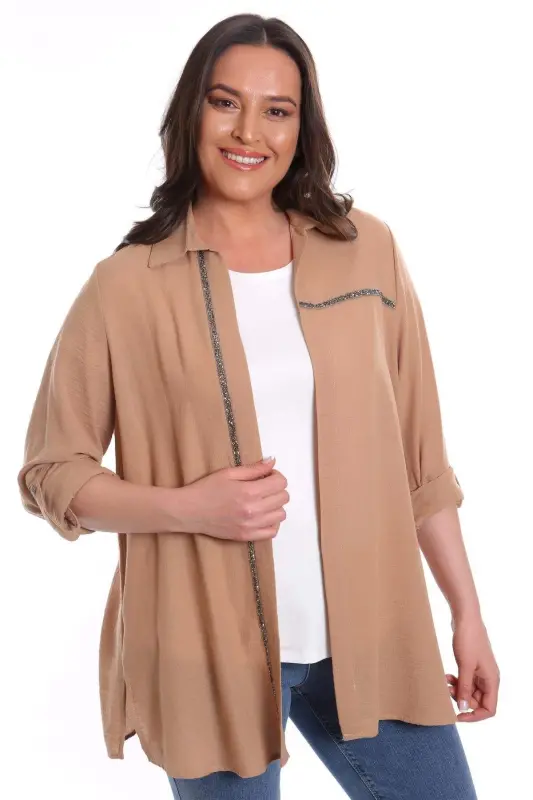 Plus Size Beige Stone Stripe Detail Suit Jacket - BÜYÜKBEDENIZ