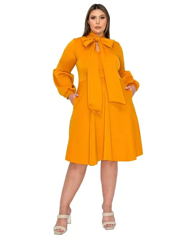 Plus Size Bekah Flare Pocket Dress-Mustard - 1