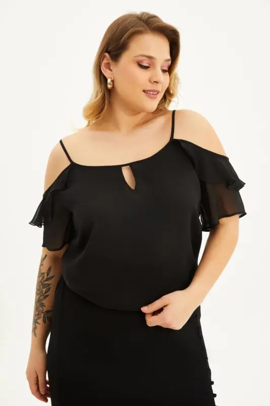 Plus Size Bell Sleeve Sheer Windowpane Ruffle Blouse - 1