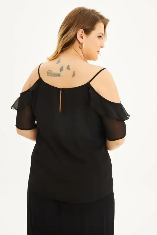 Plus Size Bell Sleeve Sheer Windowpane Ruffle Blouse - 3