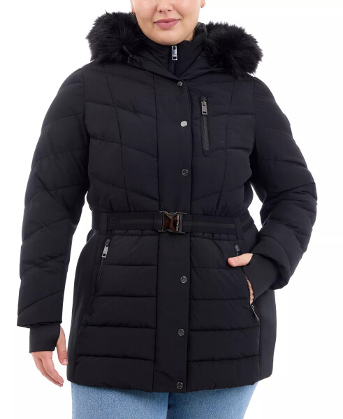 Plus Size Belted Faux-Fur-Trim Hooded Puffer Coat Black - 1