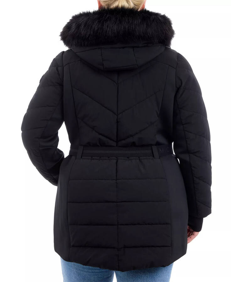 Plus Size Belted Faux-Fur-Trim Hooded Puffer Coat Black - 2