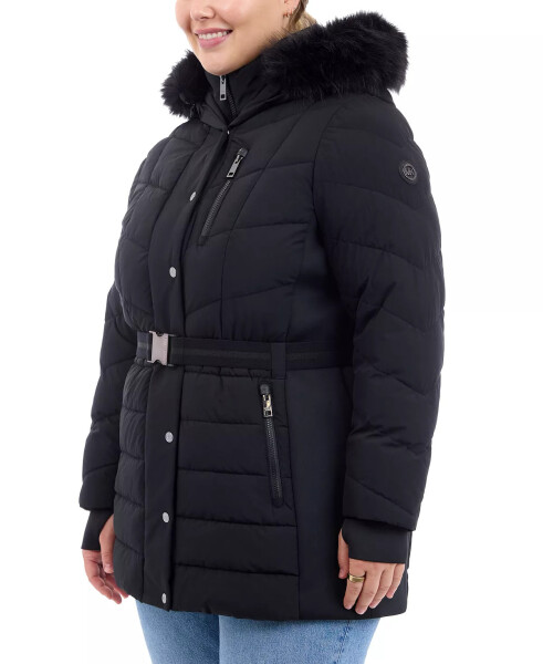 Plus Size Belted Faux-Fur-Trim Hooded Puffer Coat Black - 3