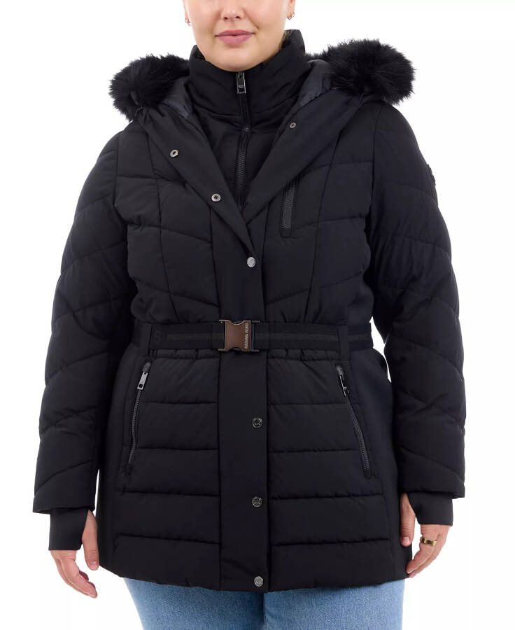 Plus Size Belted Faux-Fur-Trim Hooded Puffer Coat Black - 4