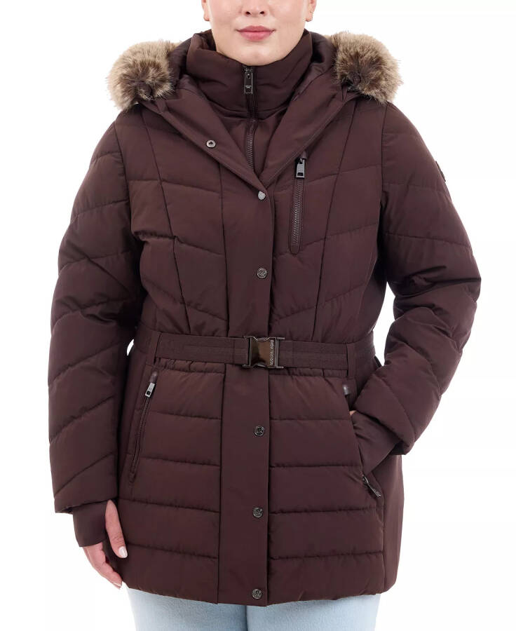 Plus Size Belted Faux-Fur-Trim Hooded Puffer Coat Chocolate - 1