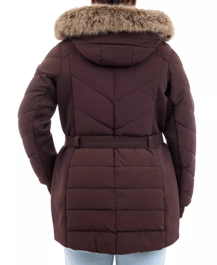 Plus Size Belted Faux-Fur-Trim Hooded Puffer Coat Chocolate - 2