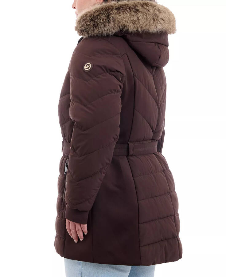 Plus Size Belted Faux-Fur-Trim Hooded Puffer Coat Chocolate - 3