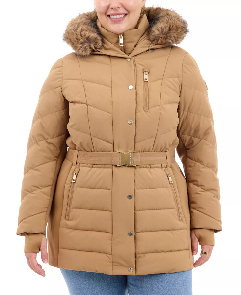 Plus Size Belted Faux-Fur-Trim Hooded Puffer Coat Dark Camel - 1