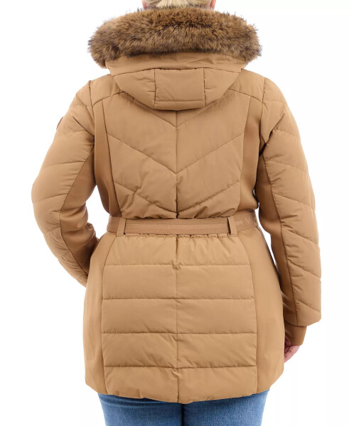 Plus Size Belted Faux-Fur-Trim Hooded Puffer Coat Dark Camel - 2