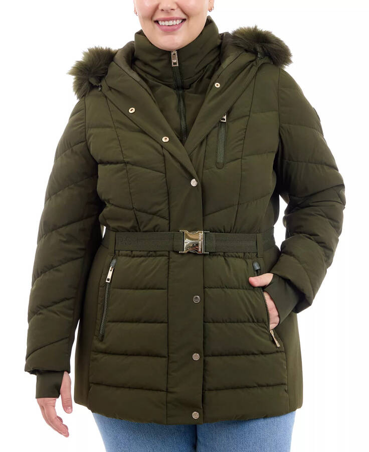 Plus Size Belted Faux-Fur-Trim Hooded Puffer Coat Olive - 1